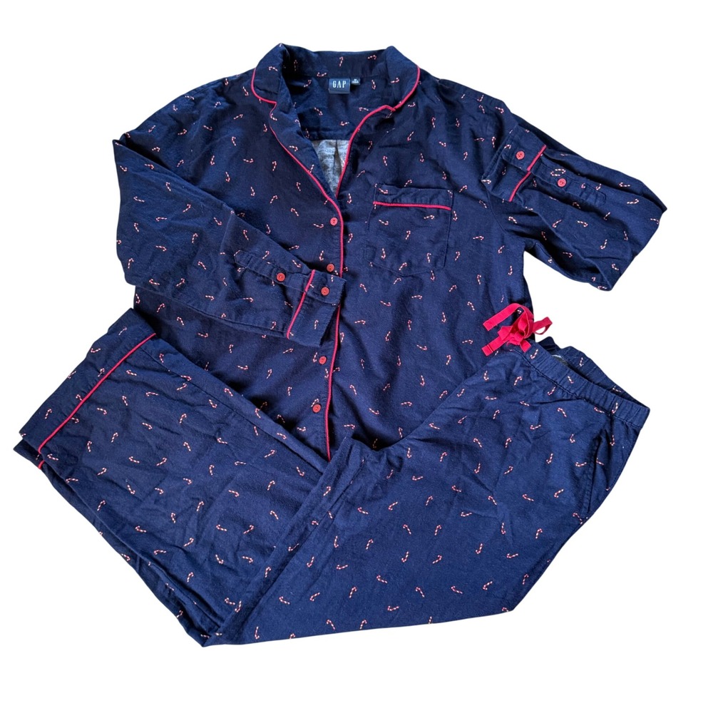 GAP Unisex XL Tall Flannel Pajama Set Navy Blue Candy Cane Christmas Sleepwear‎